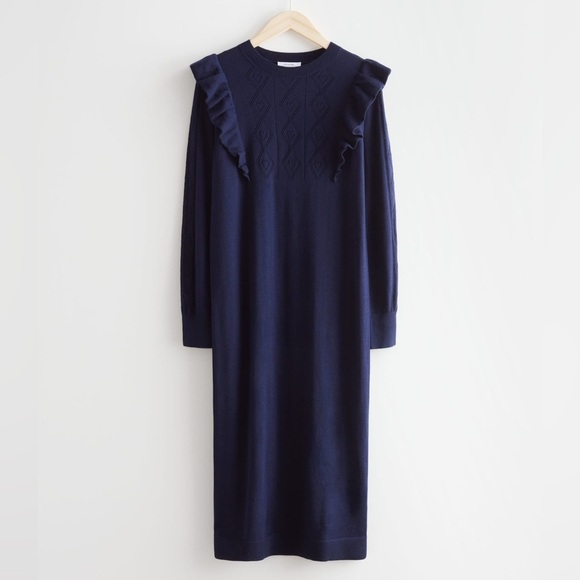 & Other Stories Pointelle Knit 100% Wool Midi Dress in "Dark Blue" Size XS - Picture 4 of 12